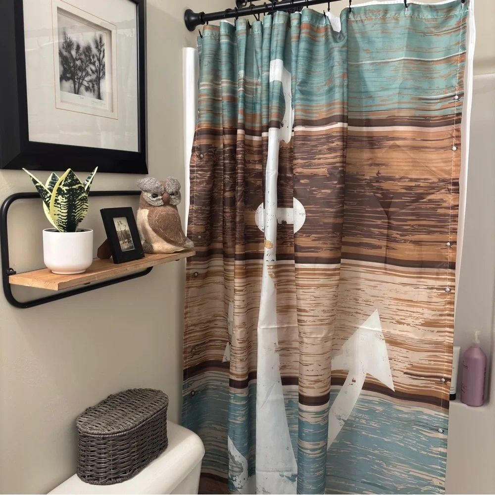 Nautical shower curtain large anchor on rustic board background water resistant